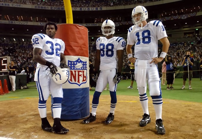 Indianapolis Colts quarterback Peyton Manning (18) has joined wide receiver Marvin Harrison (88) and running back Edgerrin James (32) in being voted into the Pro Football Hall of Fame.